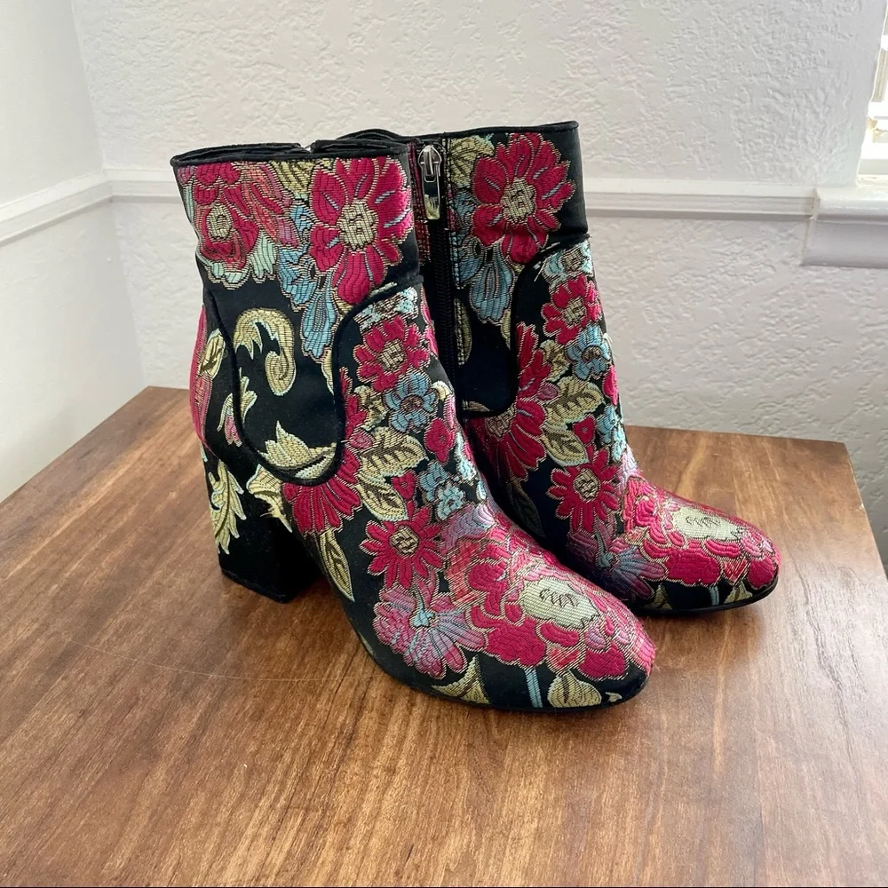 Marc Fisher Black and Red Floral Ankle Boots - Picture 2 of 4
